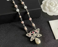[Globe Jewelers] Bow & Pearl Double C Pavé Diamond Necklace