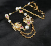 [Globe Jewelers]Vintage Fan Motif Double CC Crystal & Pearl Necklace