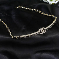 [Globe Jewelers]Black Leather Interwoven Crystal CC Choker Necklace